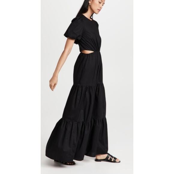 NEW WAYF Maxi Dress Women XS Black Tiered Cutout Puff Sleeve Cottage Minimalist - Picture 3 of 11